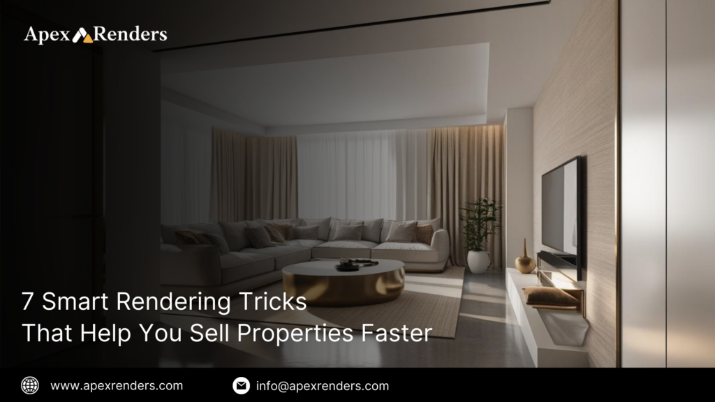 High-resolution 3D rendering of a luxury condo with lifelike textures and lighting, showcasing marble, wood, and glass finishes by apex renders.